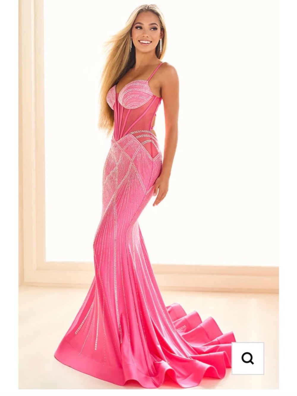 SOLD - ELLIE WILDE Embellished Spaghetti-Strap Mermaid Gown Hot Pink